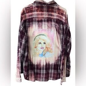 Upcycled, Hand Bleached, Hand Drawn & painted flannel w/Dolly Parton Portrait